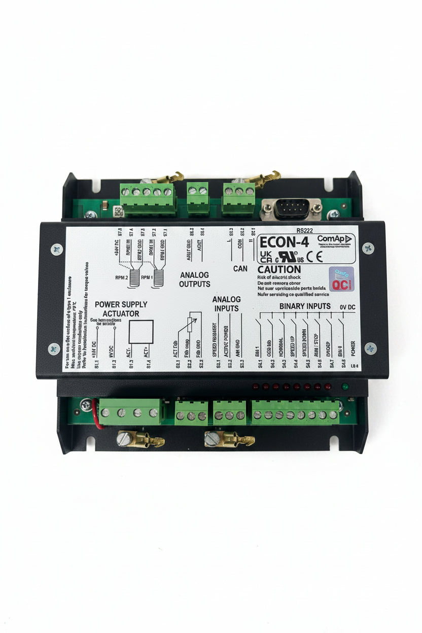 Control panel with various connectors and labels on a white background