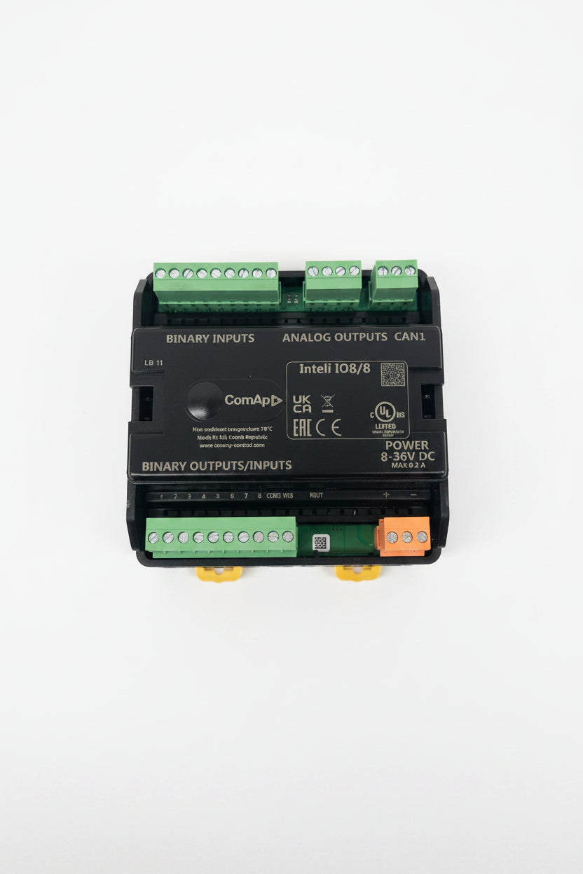 Control panel with binary inputs, analog outputs, and CAN communication on a white background